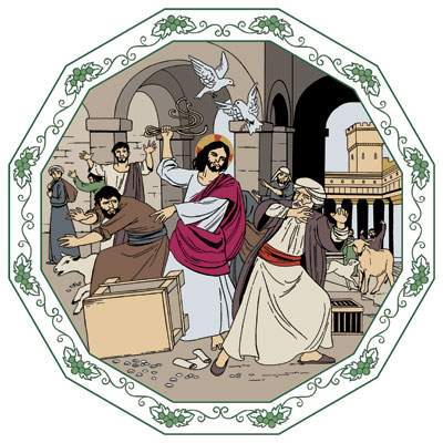 Jesus stöter omkull köpmännens och växlarnas bord och hotar dessutom att slå dem med ett repknippe som han har i handen.