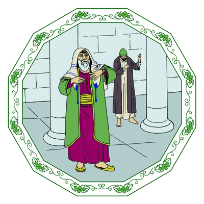 En farisé ber i templet och vänder självsäkert sin blick mot himlen. Bakom honom, längre till sidan, ber en publikan med sänkt blick.