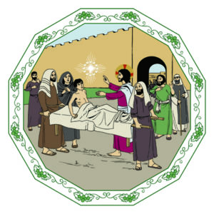 Jesus håller händerna över en pojke som blivit framburen på bår.