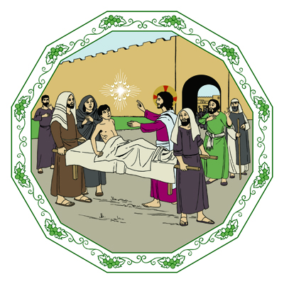 Jesus har vid stadsporten stoppat bärarna som bär en änkas döda son. Pojken vaknar till liv och sätter sig till allas förundran upp.