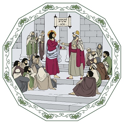 Jesus samtalar med en skriftlärd och en stor skara lyssnar.