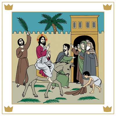 Jesus rider in genom porten till Jerusalem och hälsas glatt av folket som strör palmkvistar framför honom.
