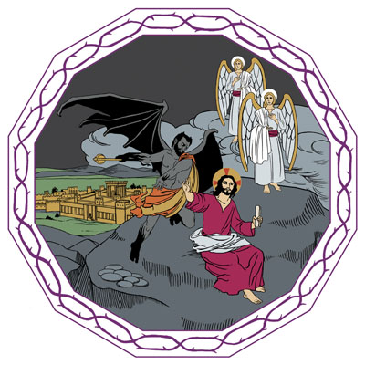 Jesus sitter på ett berg i öknen och frestas av djävulen som har svarta vingar och är klädd i en flerfärgad mantel. Änglarna omringar Jesus och stöttar honom.