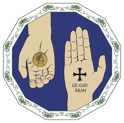 Två handflator. Den ena håller en guldpeng försedd med kejsarens bild, medan den andra har en bild av korset och texten: ära vare Gud.