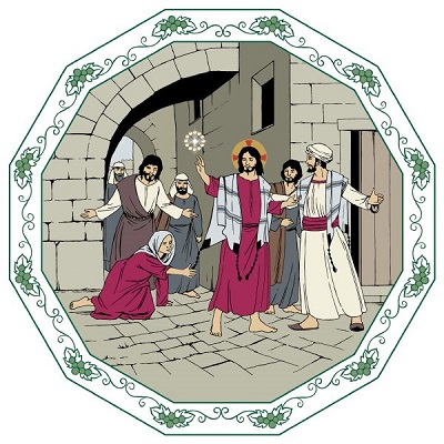 Jesus går på gatan med sina lärjungar när föreståndaren för synagogan talar till honom. Samtidigt försöker en kvinna som ligger på marken få tag i Jesu manteltofs.