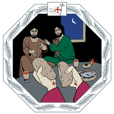 En främling bryter bröd. Endast hans händer som har spikhål syns. På andra sidan bordet sitter Kleopas och hans kamrat som kommer av sig när de förstår vem han är.