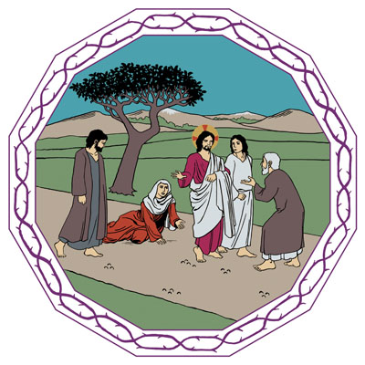 Jesus och hans lärjungar går på vägen. De har precis gått förbi en kvinna som ligger på marken och ber dem att stanna.