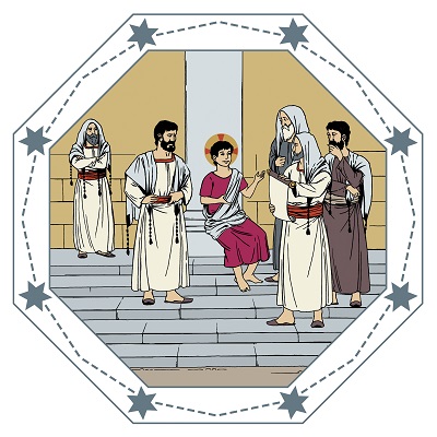 Jesus talar i templet och lärarna lyssnar på honom.
