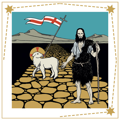 Johannes, klädd i en mantel av kamelhår, visar vägen mot öknen som genomskärs av en gyllene väg. På vägen står ett lamm med en segerflagga