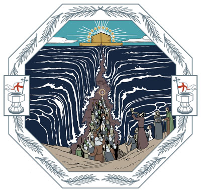 Havet har delat sig och en väg har öppnat sig i mitten. Längs vägen går en jublande skara på väg mot det nya Jerusalem som skymtar i fjärran.