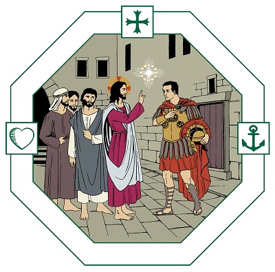Jesus och hans lärjungar möter på gatan en officer som vinkar till dem att följa honom.