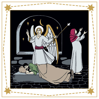 En ängel uppenbarar sig i det mörka sovrummet för att tala till Josef som sover. Maria ber ensam i bakgrunden.