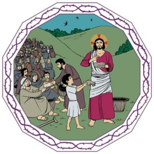 Jesus välsignar en liten pojkes fem bröd och två fiskar, i bakgrunden väntar en stor mängd människor.