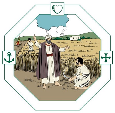 En husbonde ger råd till en arbetare som skördar mogen säd med sin skära. Längre bort syns en eld där ogräset bränns.