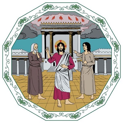 Jesus och två lärjungar befinner sig på tempelgården och Jesus låter dem få se en syn om framtiden. Mörka moln har hopat sig ovanför templet och det slår blixtar ur molnen.