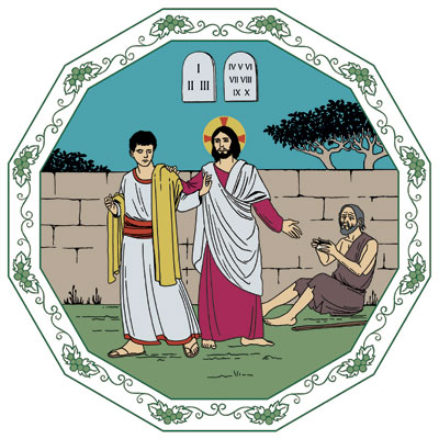 En ung man går bort när Jesus visar honom en tiggare som sitter på marken och påpekar att tiggaren är ett exempel på en fattig som mannen kunde skänka hela sin egendom till.