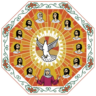 De tolv lärjungarna omgivna av eldslågor. Mitt bland dem syns Jesu mor Maria och en vit duva som representerar den heliga Anden.