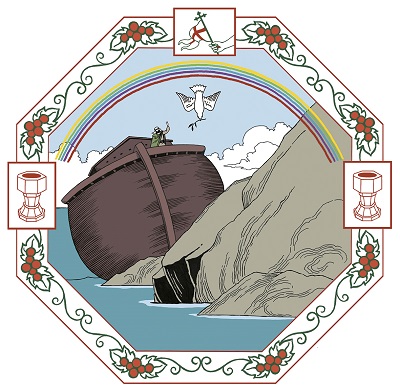 Noas ark har stött på land. Noa tittar ut ur sin ark och ser en duva som kommer med ett blad av ett olivträd.