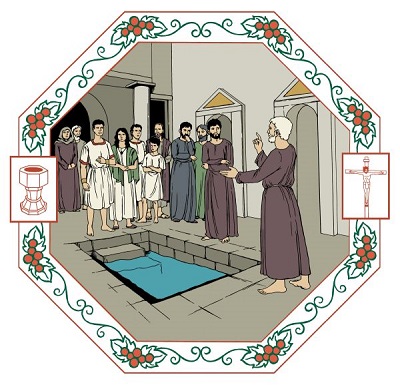 Petrus talar till sina trosbröder som har samlats i Cornelius hus. Cornelius och hans familj är också på plats. En bassäng fylld med vatten finns mitt i rummet.