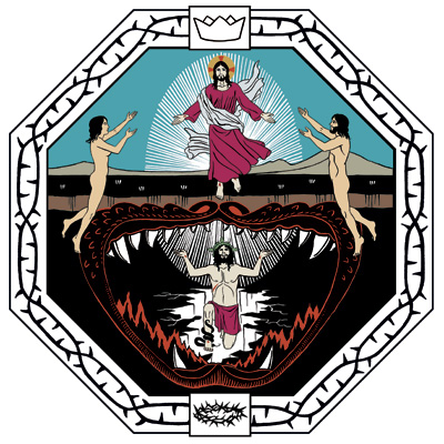 Jesus hade samtidigt stigit ner till dödsriket och upp till himlen. De uppståndna Adam och Eva följer honom.