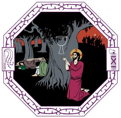 Natten är mörk och Jesus ber på knä under ett gammalt olivträd. Lärjungarna sover när en beväpnad trupp närmar sig Jesus med brinnande facklor i händerna.