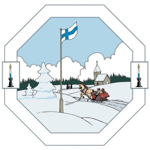 En vintervy med en hästdragen släde på väg till kyrkan, Finlands flagga vajar och två blåvita ljus är tända.