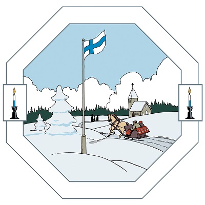 En gammal stenkyrka höjer sig mitt ett snörikt, finländskt landskap. Kyrkfolket kommer till fots eller med släde.