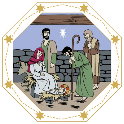 Herdarna bugar sig för Jesusbarnet som sover i en krubba i stallet. Maria och Josef vakar över den nyfödde.