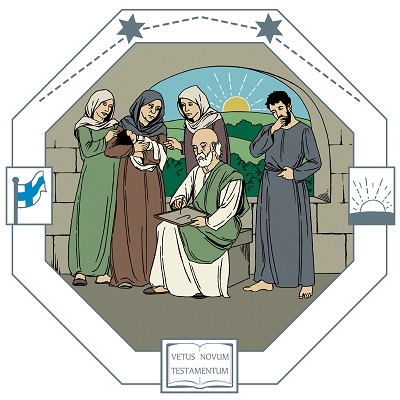 Elisabeth har ett barn i sin famn och är omringad av släktingar och grannar. Alla tittar förvånade vad Sakarias skriver på tavlan.