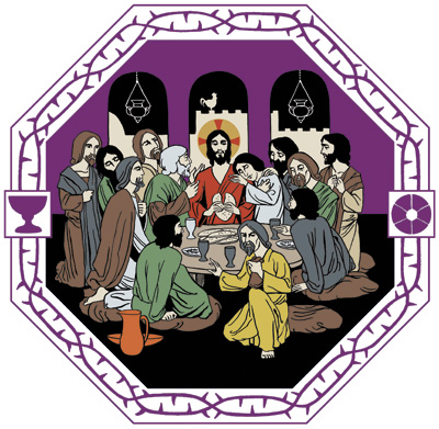 Jesus och hans tolv lärjungar har samlats för att fira den sista nattvarden. Judas vänder ryggen till de andra och är på väg bort med en penningpåse i handen.