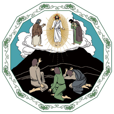 På berget får Jesus en mäktig, bländande klar skepnad som lärjungarna förundrar sig över. Moses och Elias bugar sig för honom.