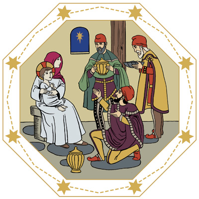 De tre stjärntydarna hyllar Jesusbarnet och ger honom dyrbara gåvor.