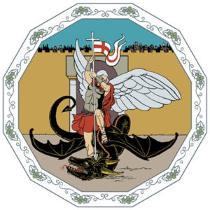 En ängel klädd i rustning står på en svart drake och sticker ett spjut i den.