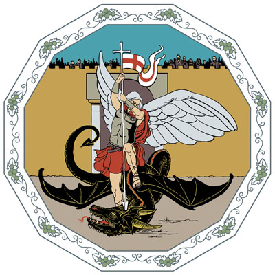 En folkskara bevittnar i skydd av en hög stadsmur hur en ängel besegrar en drake på marken utanför staden. I ängelns spjut vajar en segerflagga.