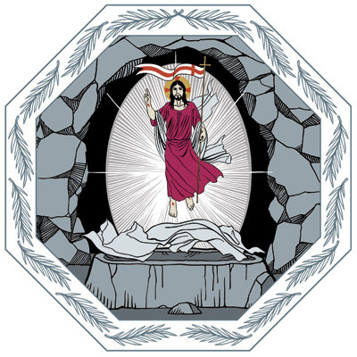 Den uppståndne Jesus i sin grav med en segerflagga i handen. Linnebindlarna ligger kvar på platsen där de lagt Jesu kropp.