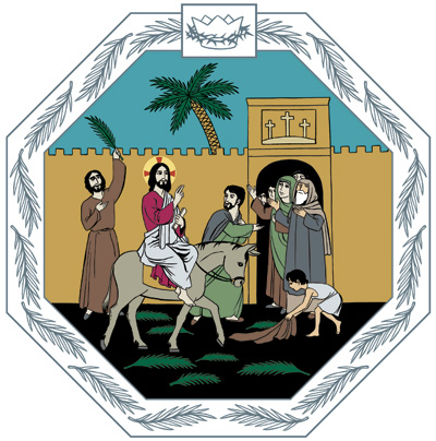 Jesus rider in genom porten till Jerusalem och hälsas glatt av folket som strör palmkvistar framför honom.