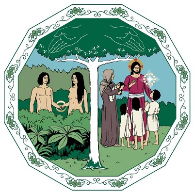 Ena sidan av den tudelade bilden visar Adam och Eva i paradiset. På andra sidan välsignar Jesus barnen som har förts till honom.