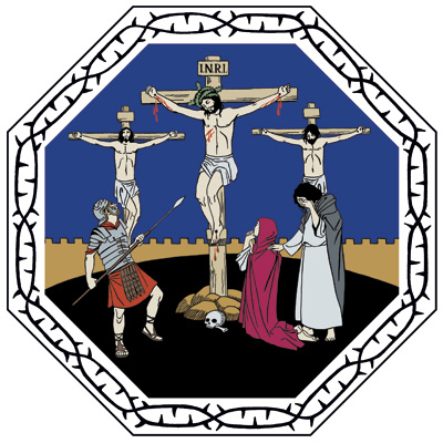 Utanför stadsmuren reser sig tre kors som vaktas av en romersk soldat med ett spjut. Maria och Johannes står vid foten av Jesu kors.