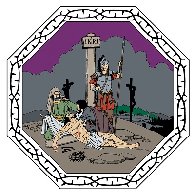 Josef och Nikodemos har varsamt tagit ner Jesu kropp från korset och lindar den med linnebindlar.