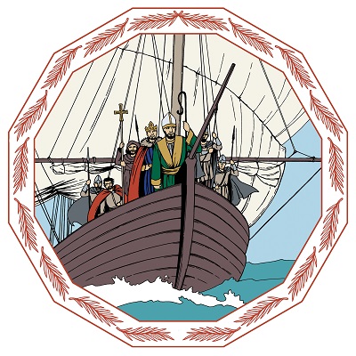 Biskop Henrik och den svenska kungen Erik kommer seglande från havet.