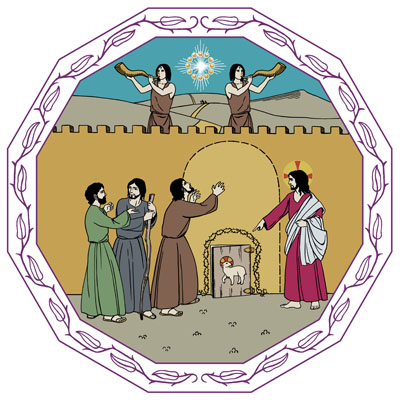 Tre sökare försöker hitta en dörr i muren, men dörren är så liten och låg att de inte hittar den trots att Jesus står bredvid dem och visar var de borde söka.