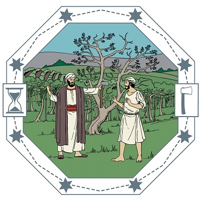 Ägaren till en vingård ger en yxa till sin trädgårdsmästare för att denna ska hugga ner ett fikonträd. Ett bladlöst träd sticker ut från den annars grönskande fruktträdgården. Trädgårdsmästaren vill inte ta tag i yxan.