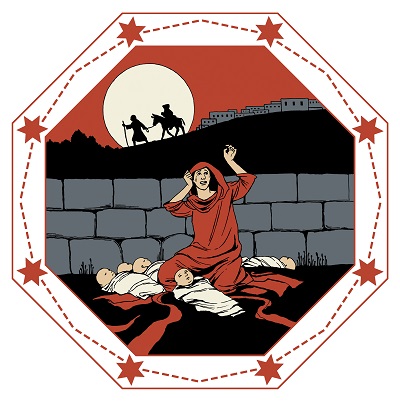 Det är natt och en sörjande mor har sjunkit ihop på marken bredvid sina mördade barn. I bakgrunden syns i månskenet en silhuett av en familj som flyr till Egypten.